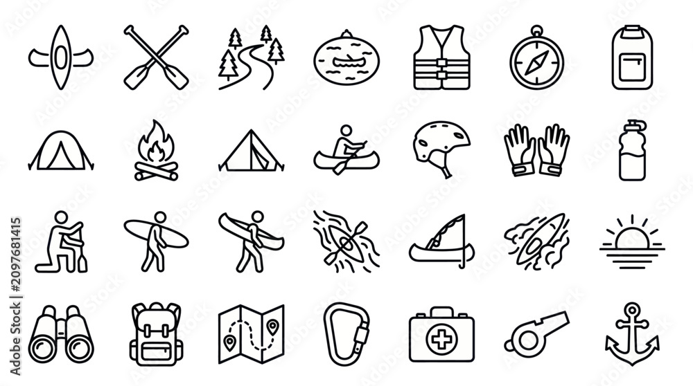 Fototapeta premium Outdoor adventure and camping activity thin line icons.
