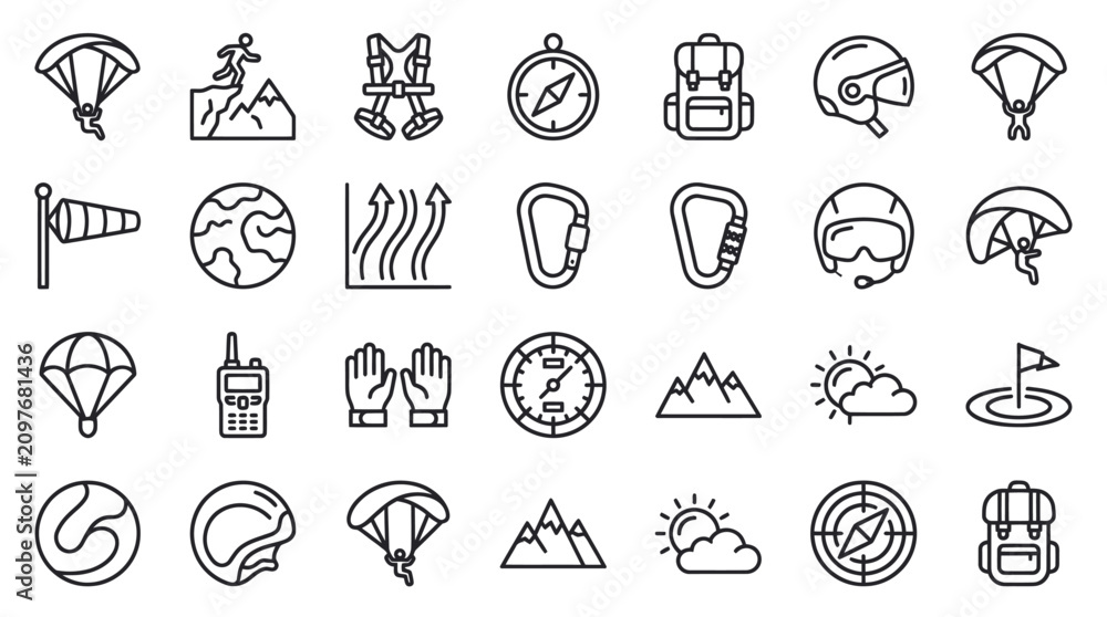 Fototapeta premium Outdoor adventure and extreme sports outline icons.