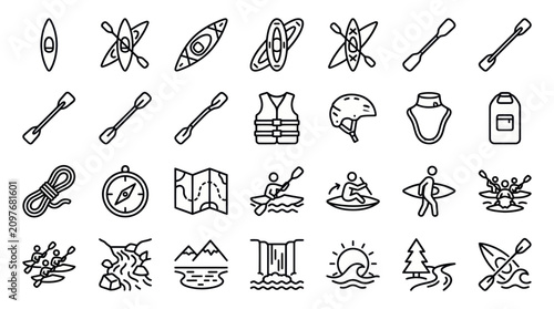 фотографія Outdoor kayaking and water sports activity line icons.