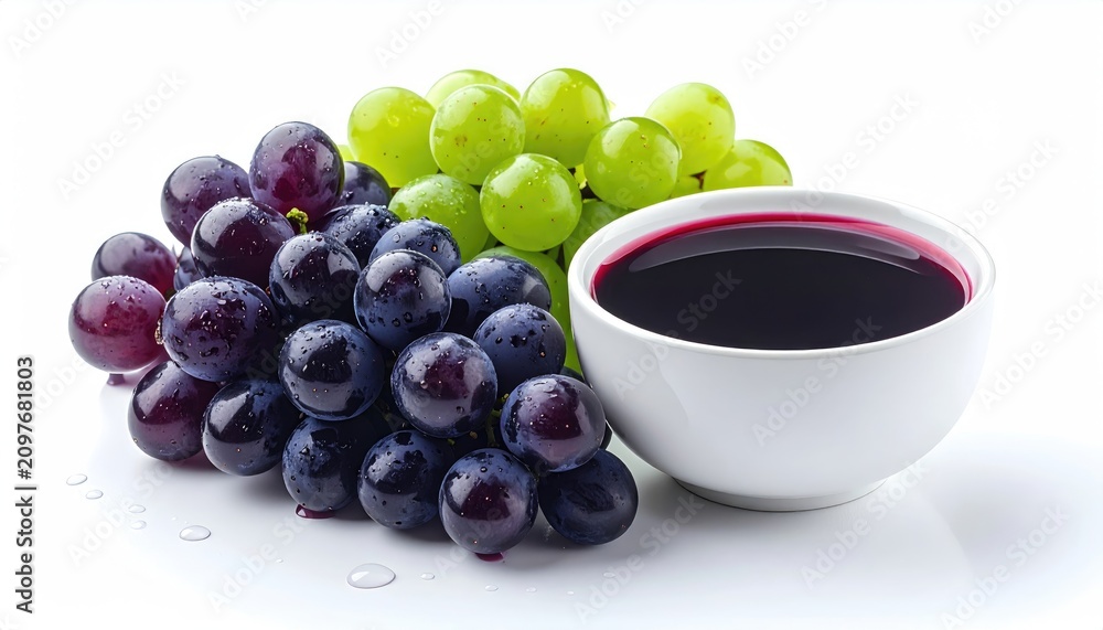 Obraz premium Vibrant purple and green grapes with a bowl of rich, dark juice