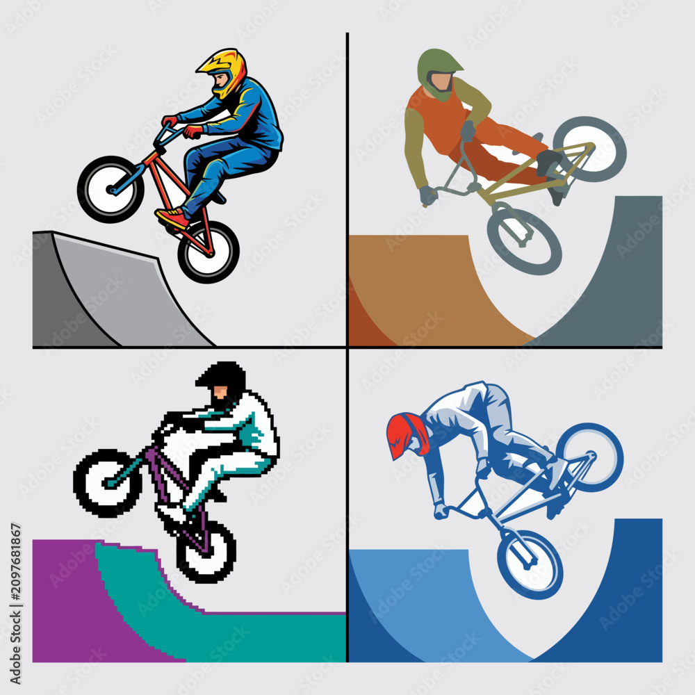 Obraz premium Bmx bicycle extreme sports riders performing tricks on ramps with halfpipe freestyle athletes