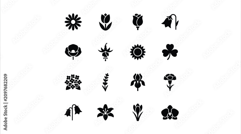 Fototapeta premium Collection of minimalist black flower icons simple flat design glyphs for nature-themed web and app elements isolated on a white background