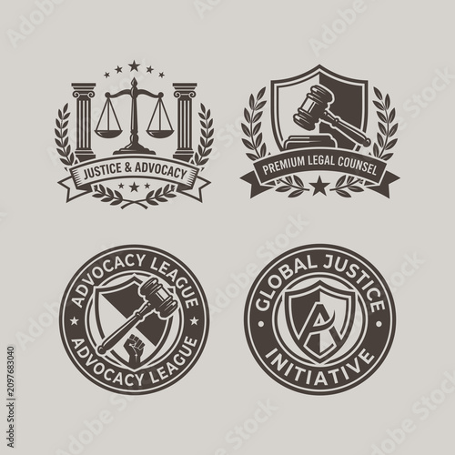 Canvastavla Legal and justice concept badges featuring scales gavel pillars and shields advo
