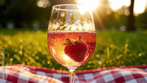Enjoying a drink with strawberry in the sun at a picnic on the grass during late afternoon