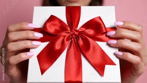 Holding a gift box with a red ribbon against a pink background