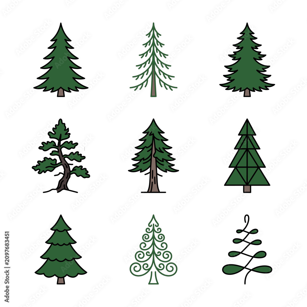 Obraz premium Collection of various pine and coniferous tree icons with different shapes and textures evergreen botanical woodland