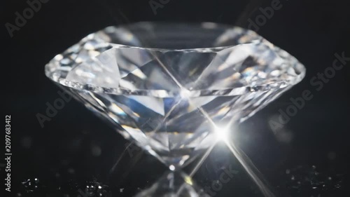 Close up view of a diamond on a dark background with bright reflections and clear facets