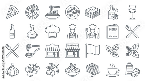 Pizzeria and Italian restaurant equipment thin line icons.