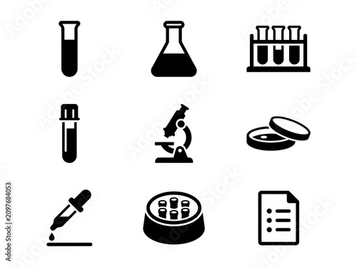 Set of black laboratory equipment icons including microscope test tubes and petri dish