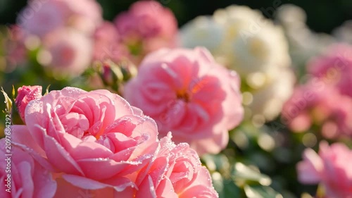 Exploring a flower garden with pink roses in bloom during morning light