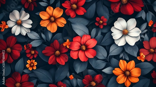 Vibrant floral arrangement red orange and white blooms on dark background