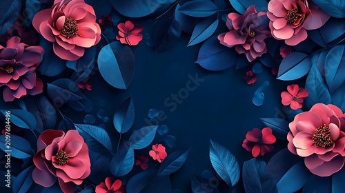 Vibrant floral frame with dark blue leaves and pink roses