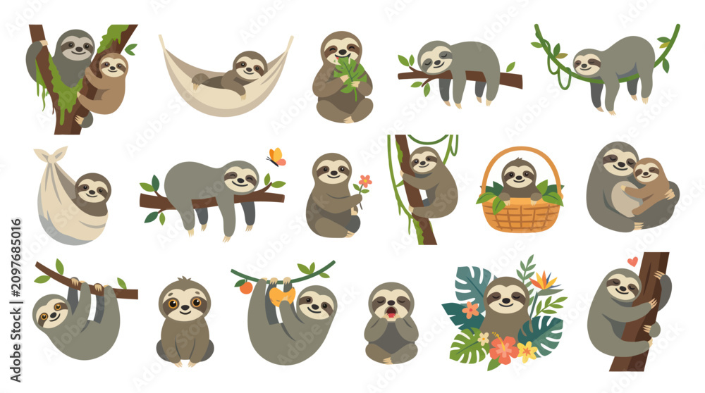 Fototapeta premium Cute Sloth Family Illustrations, Mama and Baby in Nature, Flat Design