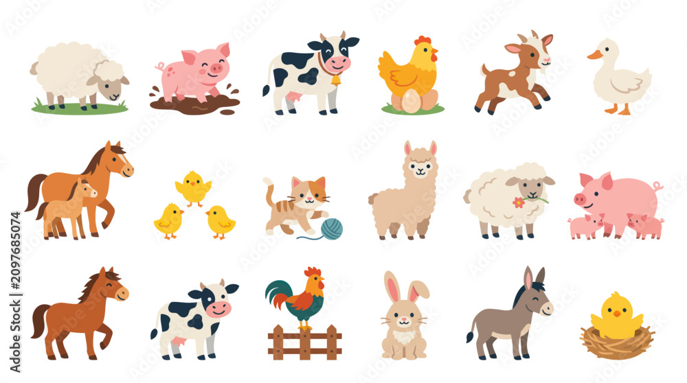 Naklejka premium Collection of Cute Flat Cartoon Farm Animals Vector Illustrations for Kids and Educational Content