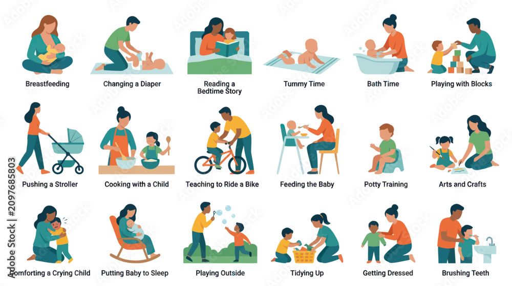 Fototapeta premium Flat Style Vector Icons: Diverse Parental Care Activities for Child Development