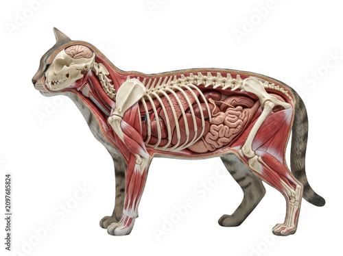 Anatomical model of a cat showing internal organs and skeleton isolated on transparent background