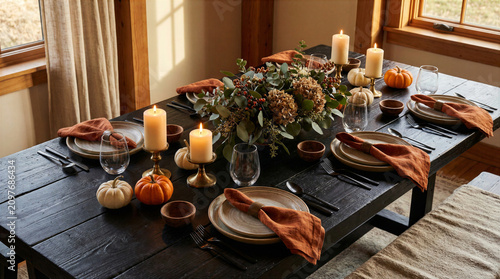 Elegant Thanksgiving table setting with orange napkins, pumpkins, candles and eucalyptus centerpiece in a sunlit rustic interior. For invitation, menu, blog and social media.