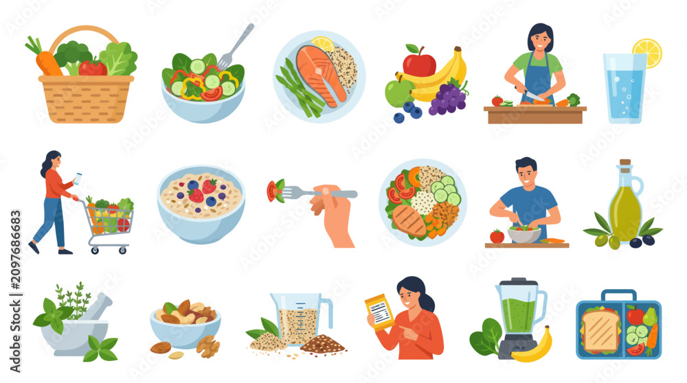Fototapeta premium Healthy Food and Nutrition Flat Vector Illustration Set. Balanced Diet, Cooking, Eating, and Wellness Lifestyle Icons