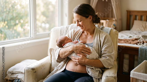 Mother Holding Newborn Baby in Rocking Chair