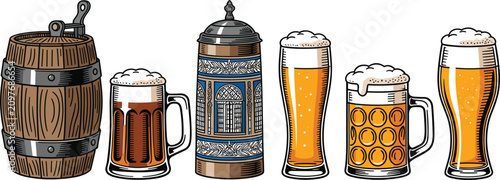 Konstfotografi Traditional colored beer vector elements with wooden barrel vintage ceramic stei