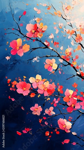Impasto cherry blossom painting vibrant floral branch against deep blue sky