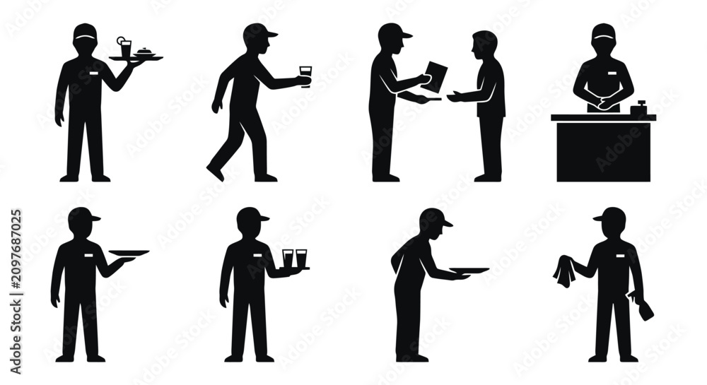 Fototapeta premium Waiters icons set working, serving drinks, food and taking orders.
