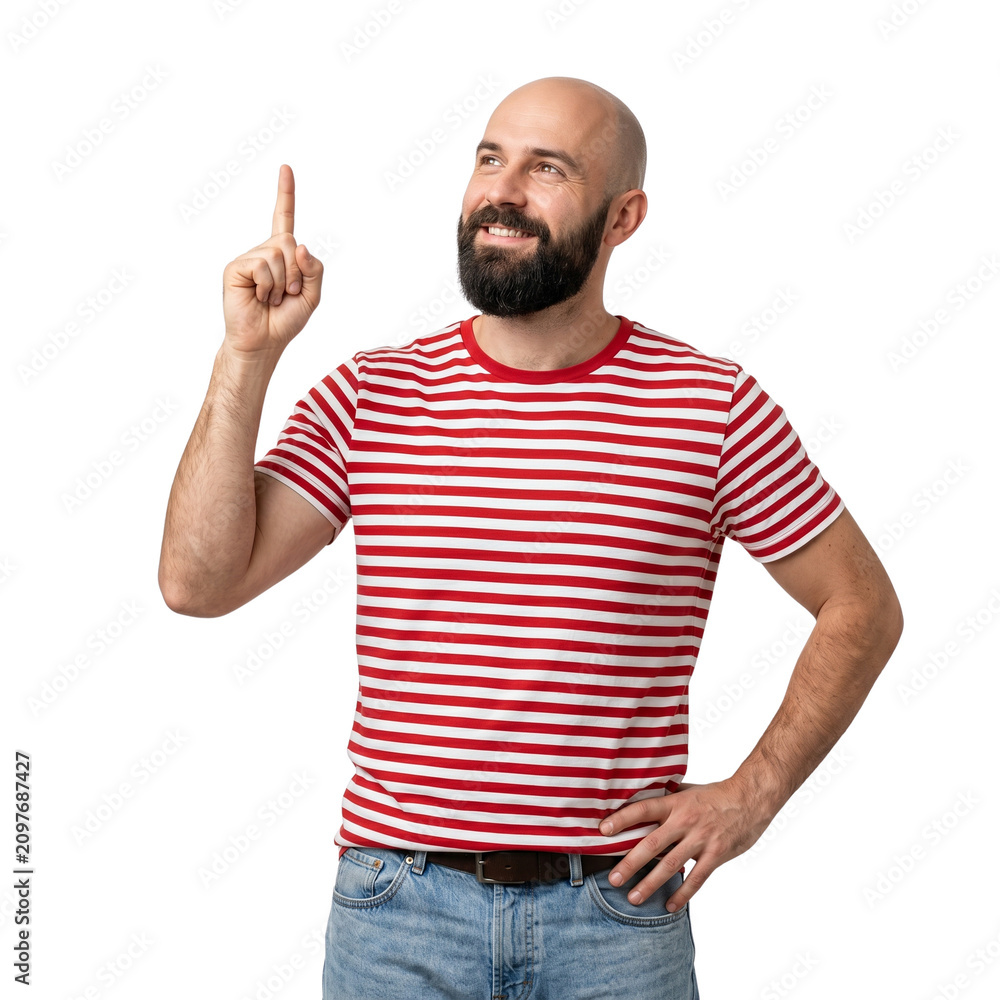 Naklejka premium Bald Man in Striped Shirt Pointing Up With Index Finger, Isolated