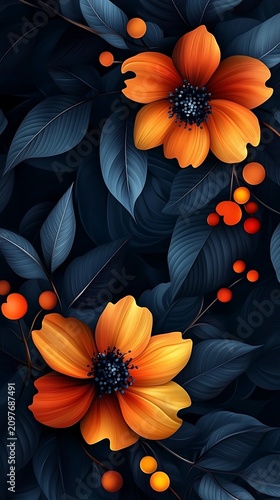 Vibrant orange floral arrangement with berries and dark foliage