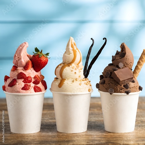 gourmet soft serve ice cream cups with strawberry vanilla and chocolate flavors