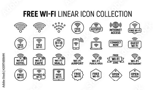 Obraz na płótnie Free Wi Fi wireless network linear icon collection vector isolated on white