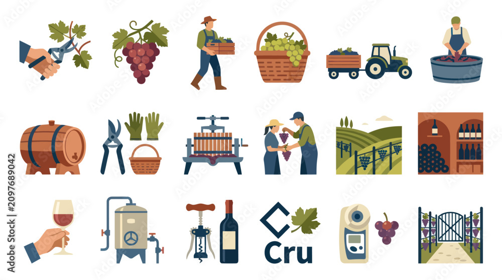 Obraz premium Winemaking and Viticulture Flat Vector Icons Set. Grape Harvesting, Wine Production Process, Winery, Vineyard Illustrations.