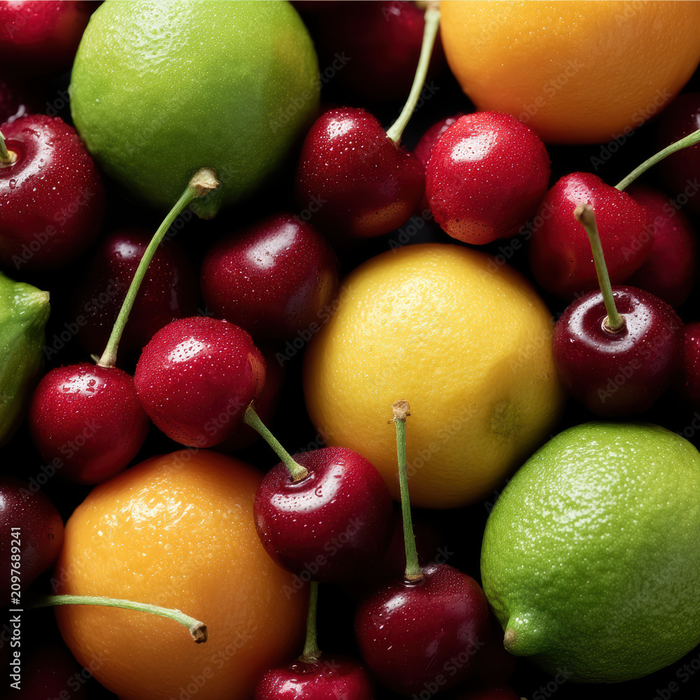 Obraz premium Fresh cherry lime orange fruit top view, vibrant colors, juicy texture, summer mood, healthy snack, natural food, closeup