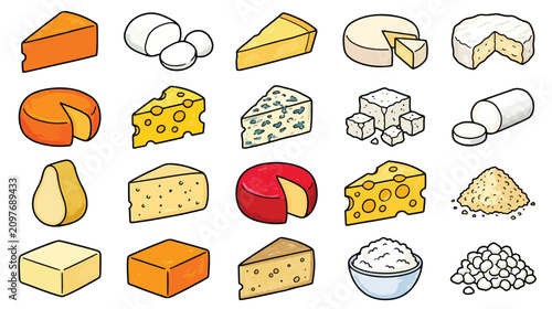 Bild auf Leinwand Crayon Style Cheese Collection Icon Set Illustration