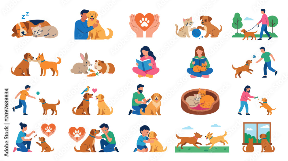 Fototapeta premium Pet Ownership Animal Love Flat Vector Illustrations: People Caring for Dogs, Cats Small Mammals