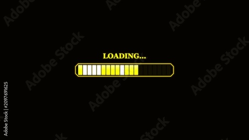 Digital Loading Progress Bar Motion Graphic with Yellow Glowing Effect and Text on Plain Black Background