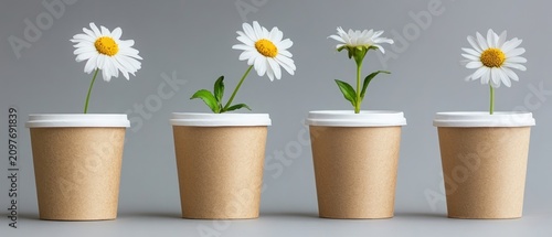 Daisies growth stages in kraft cups minimalist still life photography