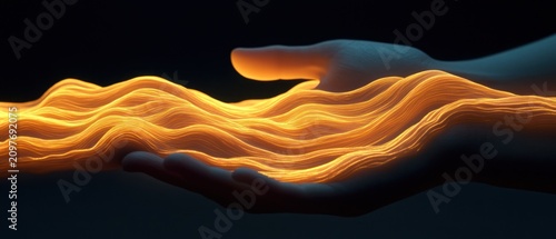 Glowing orange wave lines held in hands abstract background