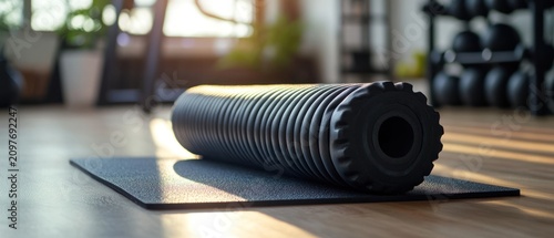 Black foam roller on mat in sunlight fitness and wellness
