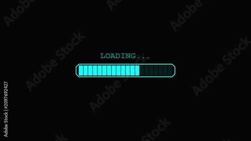 Digital loading progress bar animation with cyan neon glow on black background for user interface and gaming concept