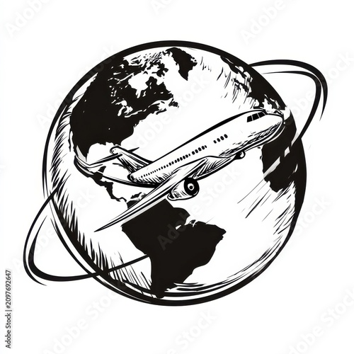 Flying airplane around the globe with outlines of continents and circular orbit design showing travel and exploration