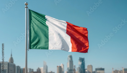 Italian flag waves in a bright blue sky. City skyline stands softly blurred in background. Vibrant green, white, and red colors show bold national pride. Ideal for global events, cultural projects
