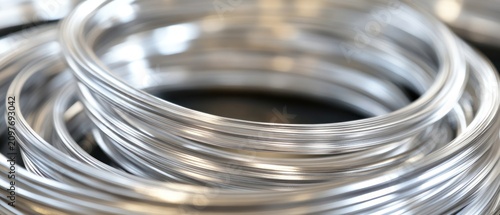 Metallic wire coils shiny silver texture industrial material close up