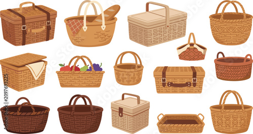 Fotografía Summer picnic hampers vector illustration set featuring wicker baskets and vinta