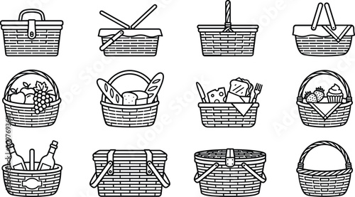 Fotografie Picnic wicker baskets outline icon set vector illustration with hampers full of