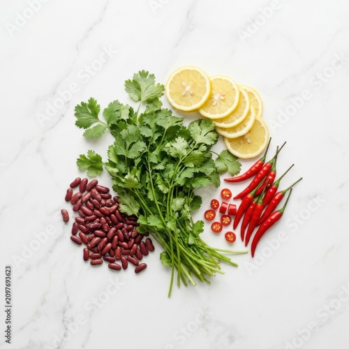 Fresh Healthy Cooking Ingredients with Cilantro Red Beans Lemon and Chili Peppers on White Marble Background with Copy Space for Culinary Design