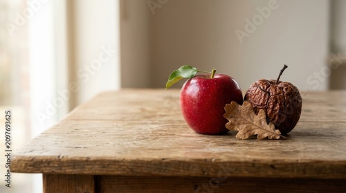 Fresh Red Apple and Shriveled Rotten Fruit on Rustic Wood Surface for Aging Comparison Concept Website Banner Hero Header with Design Space