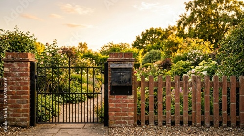 Wrought Iron Garden Gate with Brick Pillars and Mailbox at Sunset, Luxury Residential Landscaping Website Banner for Real Estate and Slow Living
