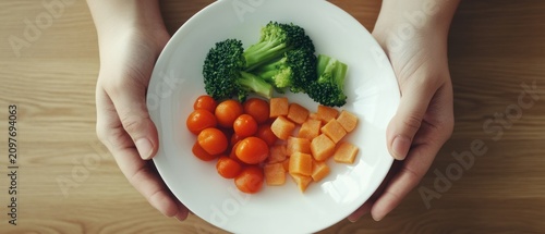 Steamed vegetables on a plate broccoli carrots tomatoes