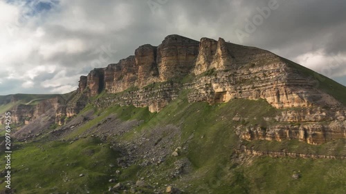 Aerial view of a mountain plateau with high cliffs. Landscape and nature of the North Caucasus.