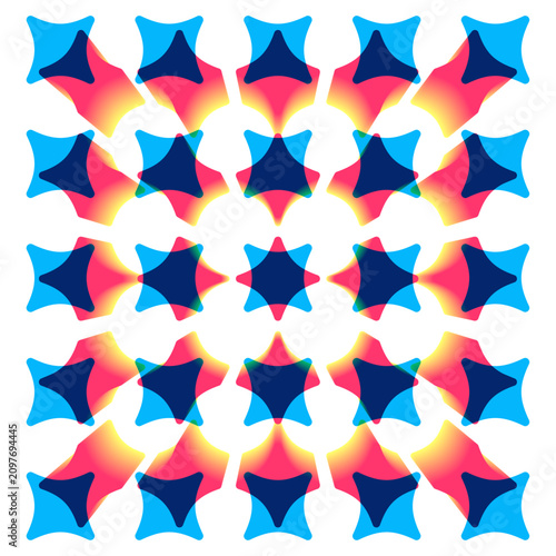 Vibrant seamless geometric pattern of overlapping translucent star shapes in pink and blue, perfect for modern surface design and creative packaging.